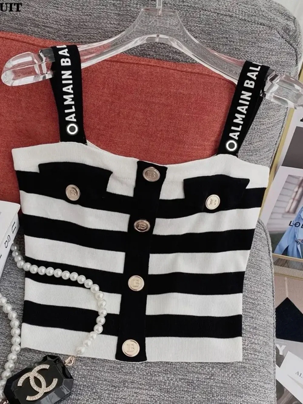 Striped Black & White Button-Front Knit Crop Top - Picture 1 of 1